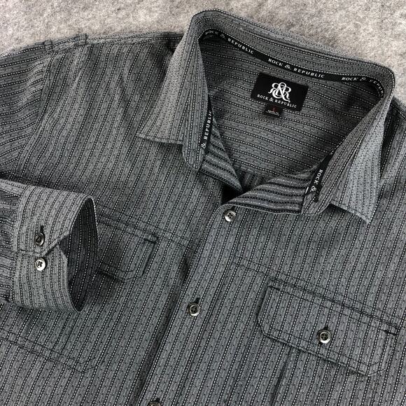 Rock & Republic Men Button Up Shirt Large Gray Striped Long Sleeve Metal Buttons - Picture 1 of 12